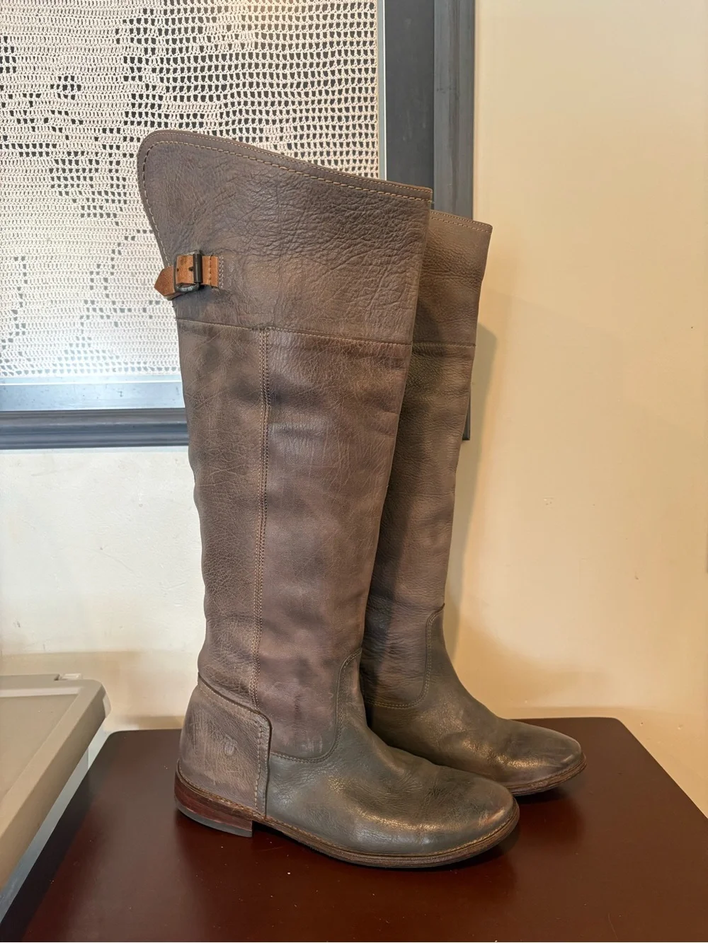 FRYE Paige Cuff Tall Over The Knee Boots Slate Grey Leather Boho Indie Western